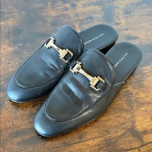 Saks Fifth Avenue Black Leather Slip-On Loafers with Gold Tone Bit
